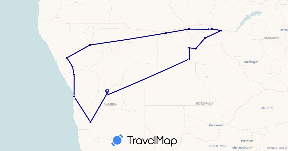 TravelMap itinerary: driving in Botswana, Namibia, Zambia (Africa)